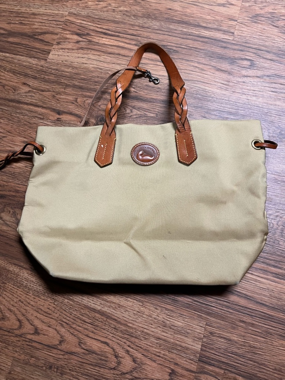 Dooney & Bourke Tan Nylon Shopper Tote Bag With Brown Leather Handles & Trim
